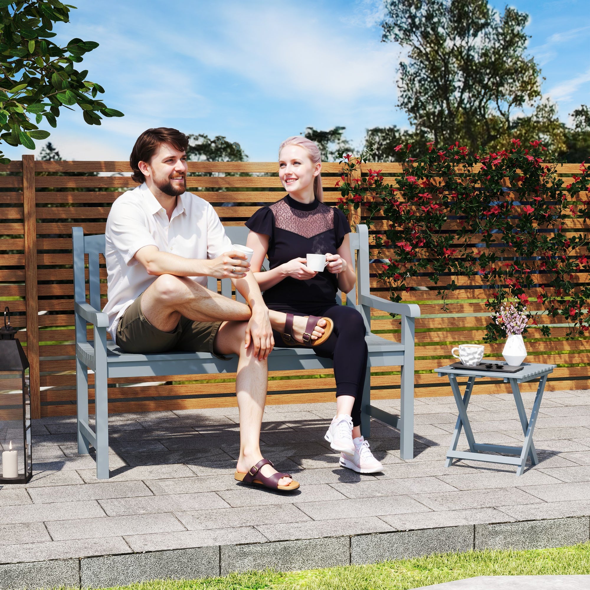 Outsunny 2-Seater Wooden Garden Bench Outdoor Patio Loveseat for Porch, Grey 