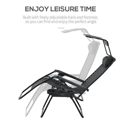 Outsunny 2 Piece Foldable Reclining Garden Chair with Headrest, Zero Gravity Deck Sun Lounger Seat Chair with Footrest, Armrest, Cup Holder & Canopy Shade, Black 