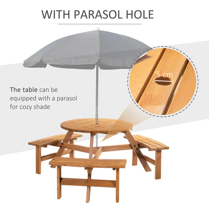 Outsunny 6 Seater Wooden Picnic Table and Garden Benches Set, Round Garden Dining Set with 3 Benches and Umbrella Hole Outdoor Garden Park, Brownish Red 
