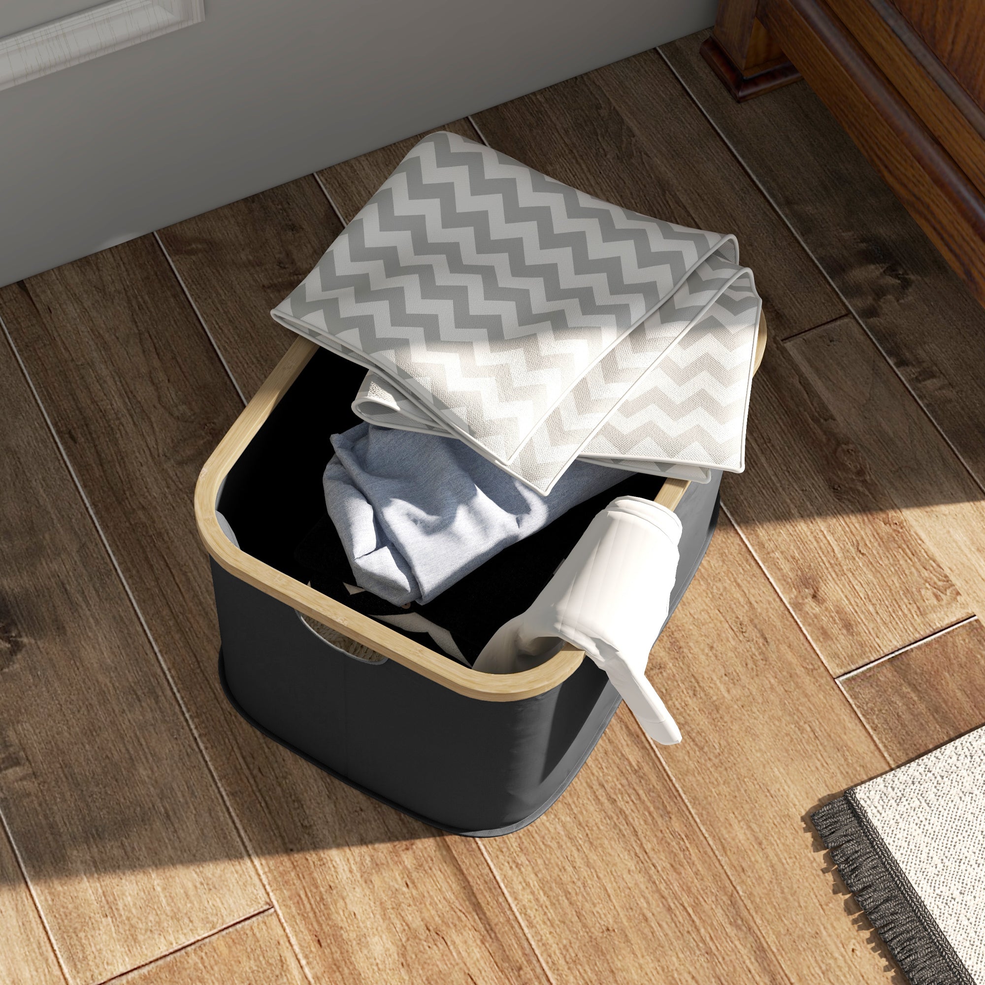 HOMCOM 36L Foldable Laundry Basket, with Bamboo Top - Black