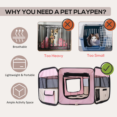 PawHut Portable Cat Dog Playpen Pet Puppy Rabbit Guinea Pig Pen Run Dia 90 x 41H cm Indoor & Outdoor Pink 