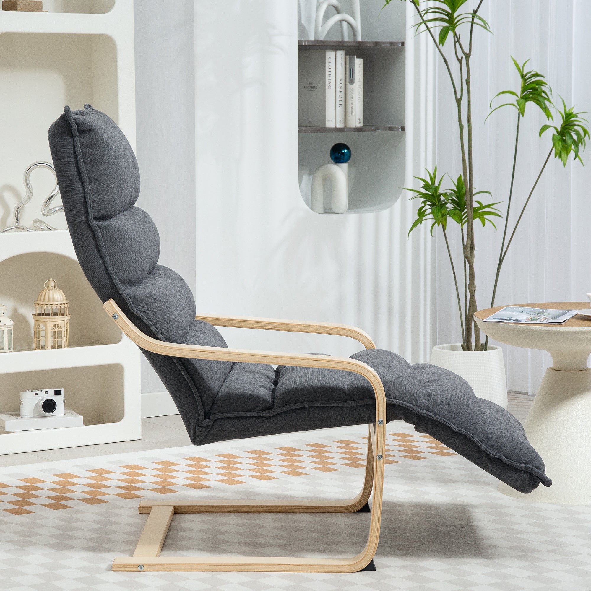 HOMCOM Curved Wooden Accent Chair, with Adjustable Footrest - Drak Grey 