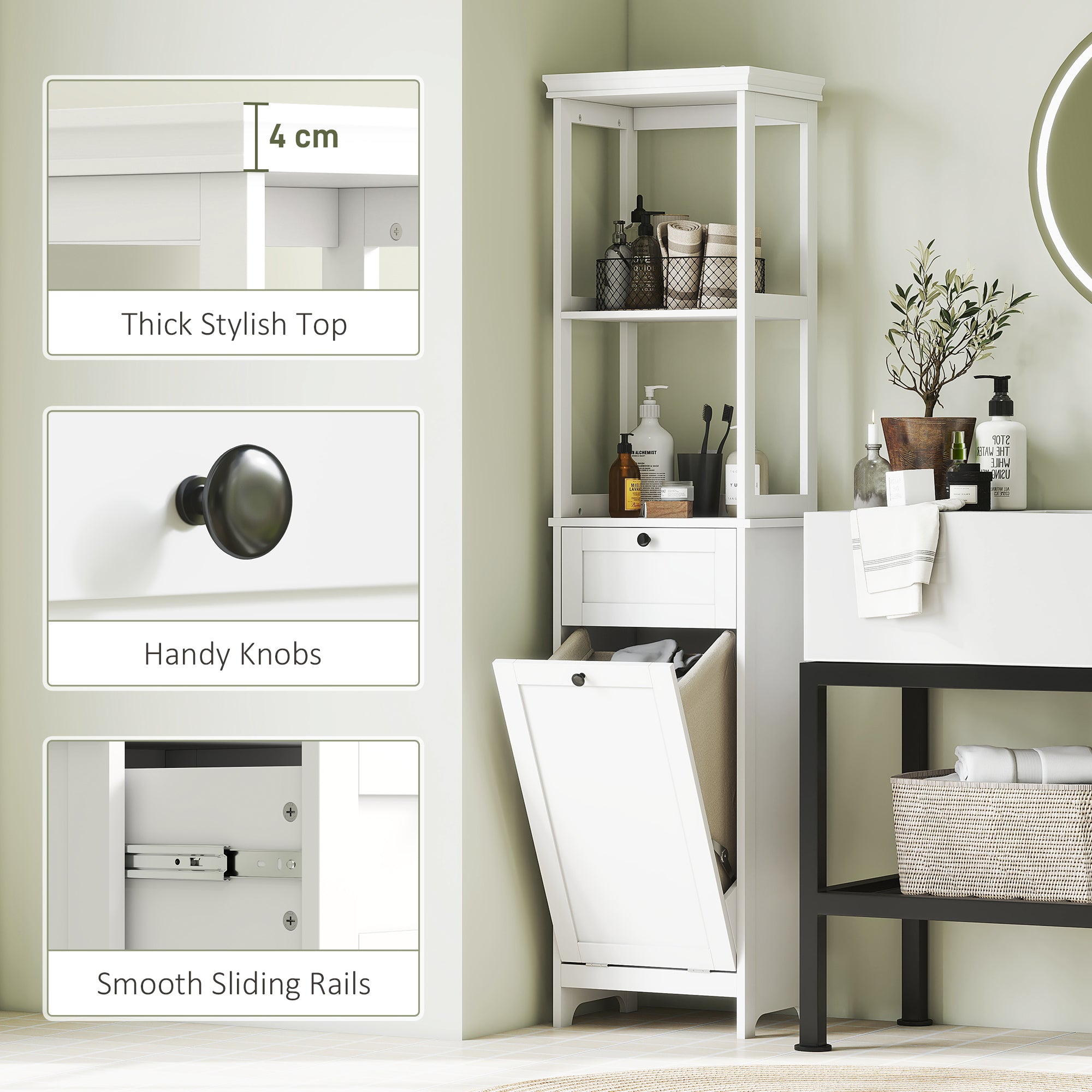 HOMCOM Tall Bathroom Cabinet, with Laundry Basket - White