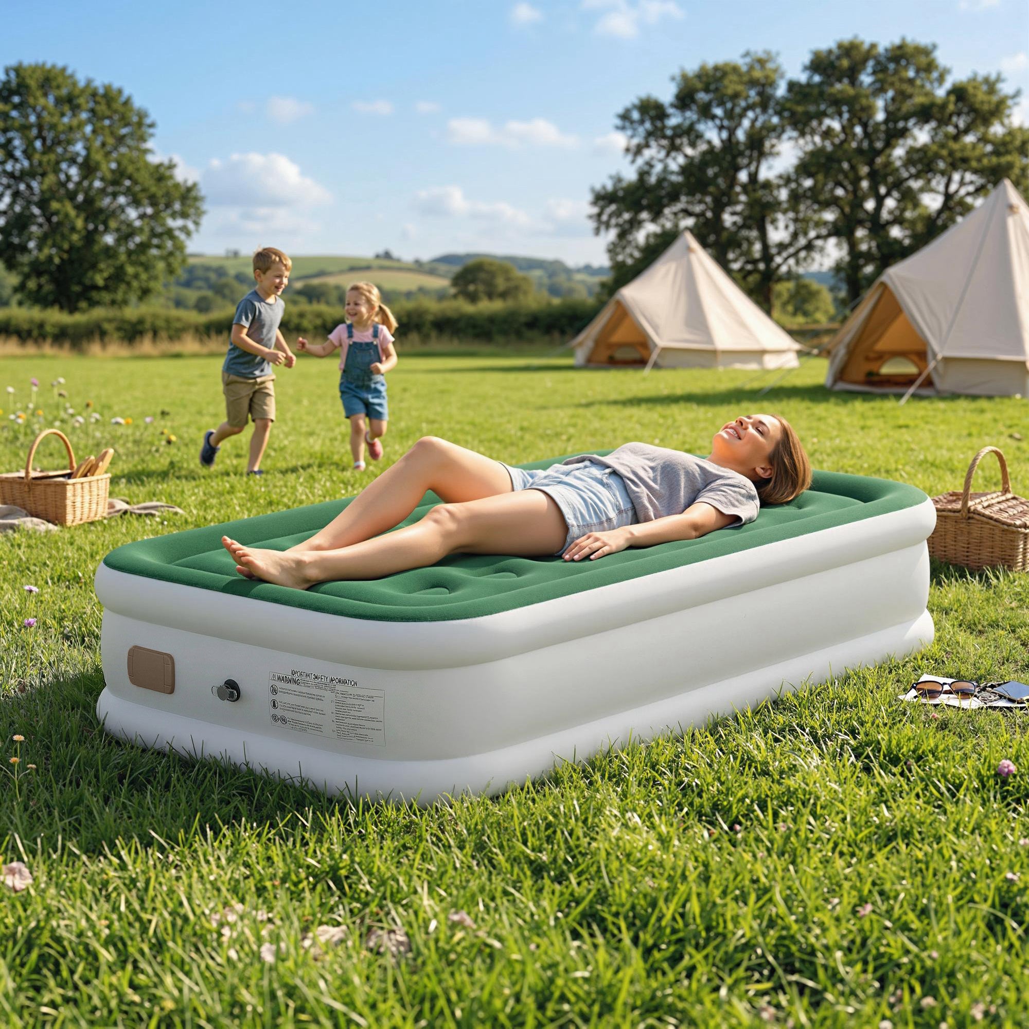 Outsunny Inflatable Mattress, Single Air Bed with Built-in Electric Pump, 3 Mins Inflation, Flocked Surface, Dark Green 