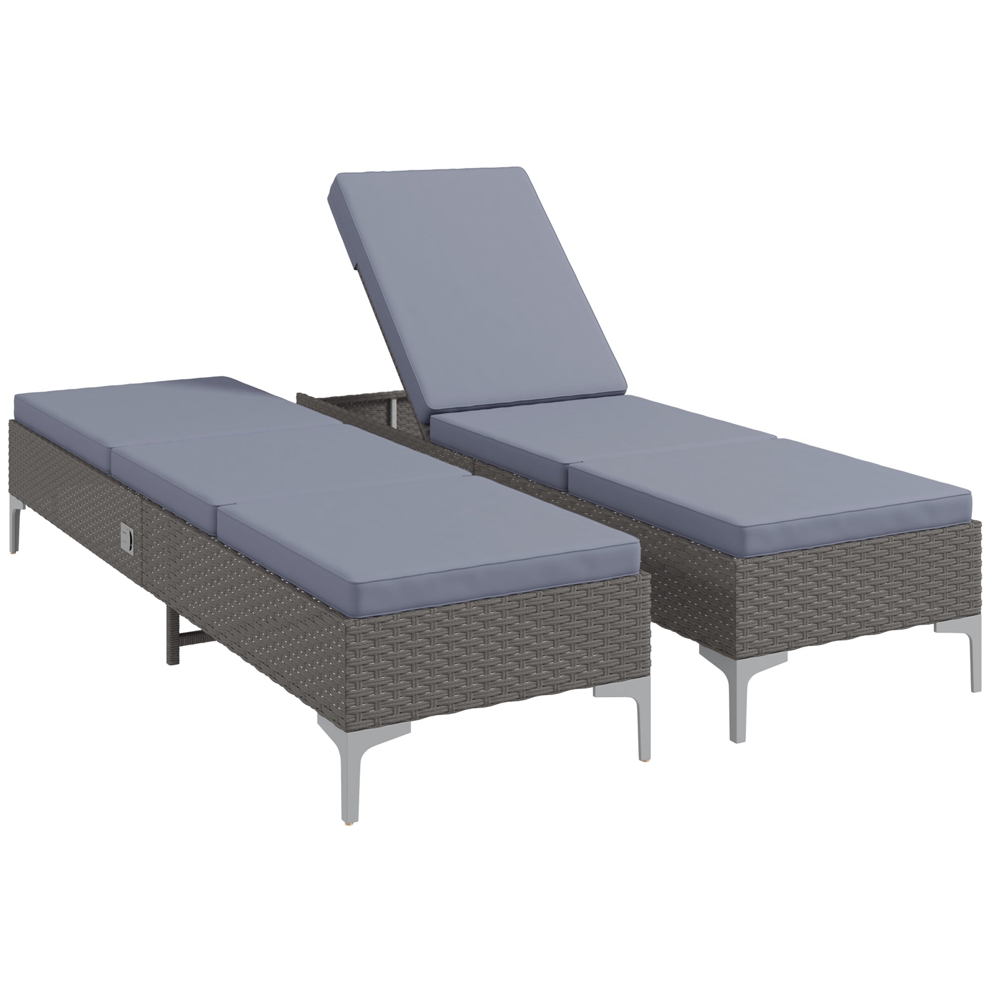 Outsunny Outdoor PE Rattan Sun Lounger Set of 2, Multi-position Backrest Adjustable Single Recliner Sunbed Daybed with Removeable & Washable Cushion, for Patio, Garden, Dark Grey 