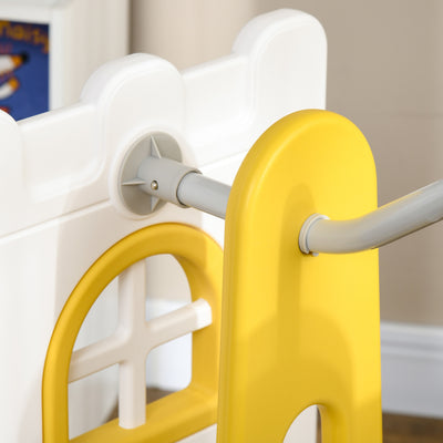 AIYAPLAY 6-in-1 Swing and Slide Set, Kids Playground with Basketball Hoop, Telescope, Storage Space - Yellow 