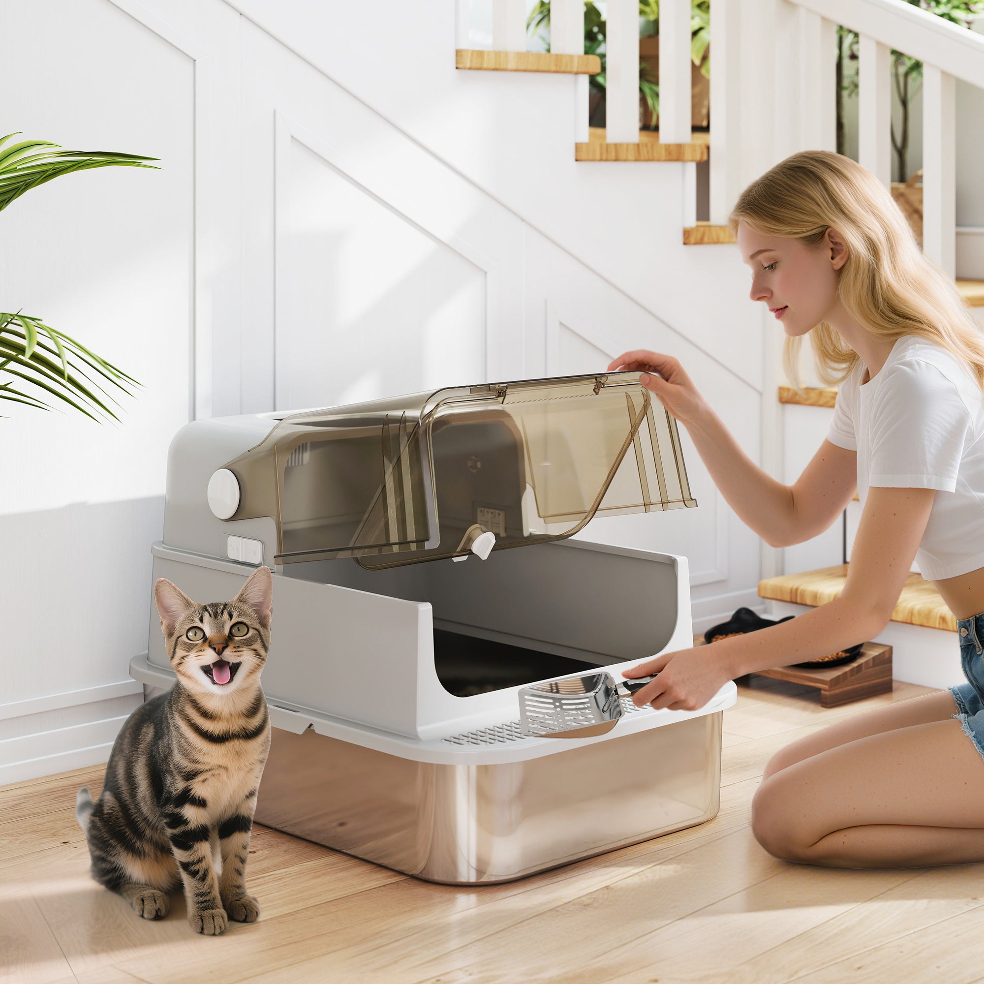 PawHut XXL Stainless Steel Cat Litter Tray, Enclosed Cat Litter Box with 90° Flip Cover, Double Doors, Scoop, Easy Clean, Grey 