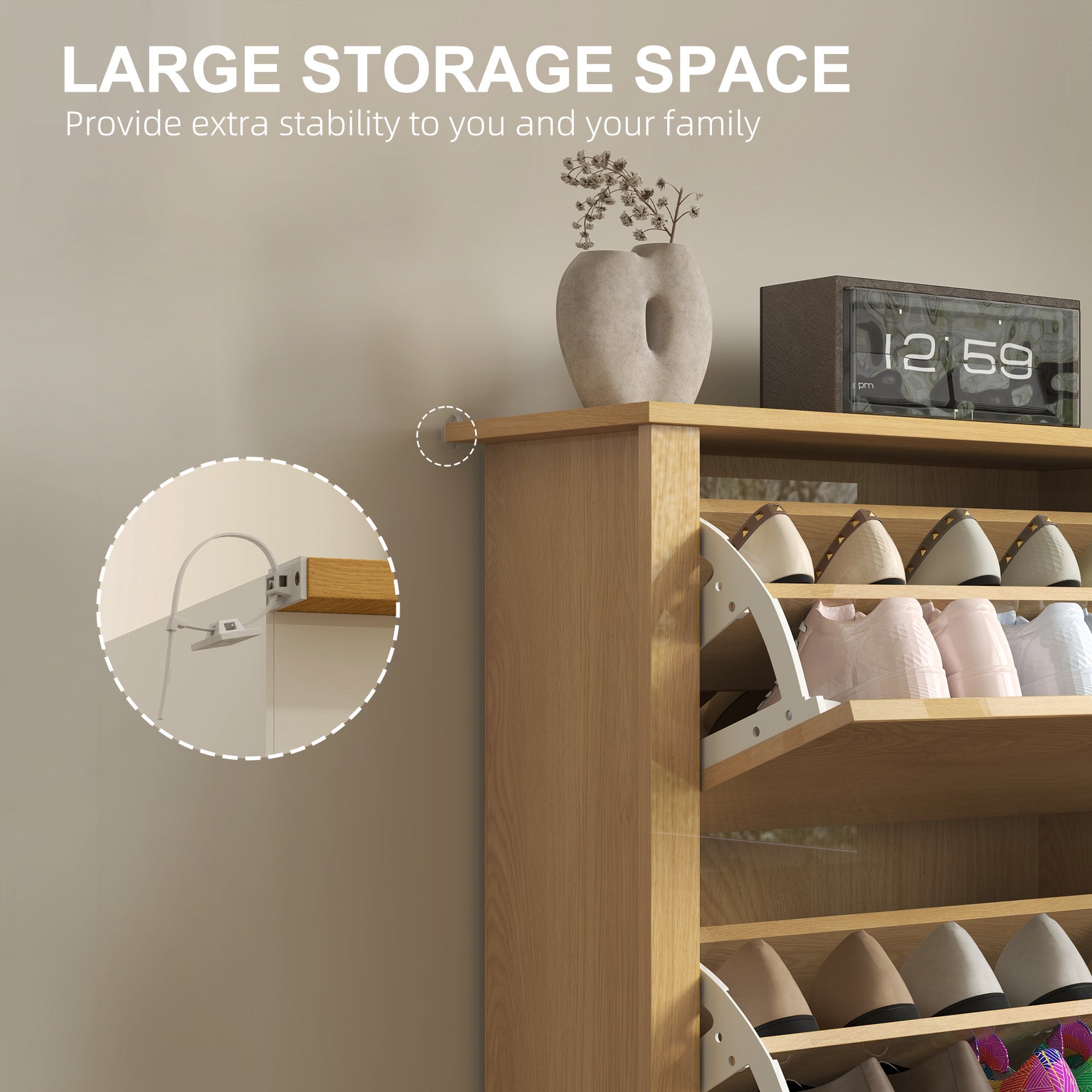 HOMCOM Slim Shoe Cabinet, Narrow Shoe Cupboard with 3 Drawers, Adjustable Shelves for 18 Pairs of Shoes, Natural Wood Finish 