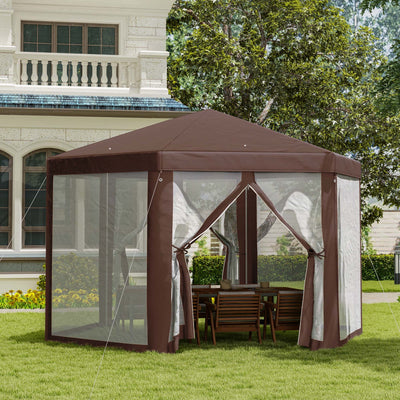 Outsunny Hexagonal Garden Gazebo Patio Party Outdoor Canopy Tent Sun Shelter with Mosquito Netting and Zipped Door, Brown 