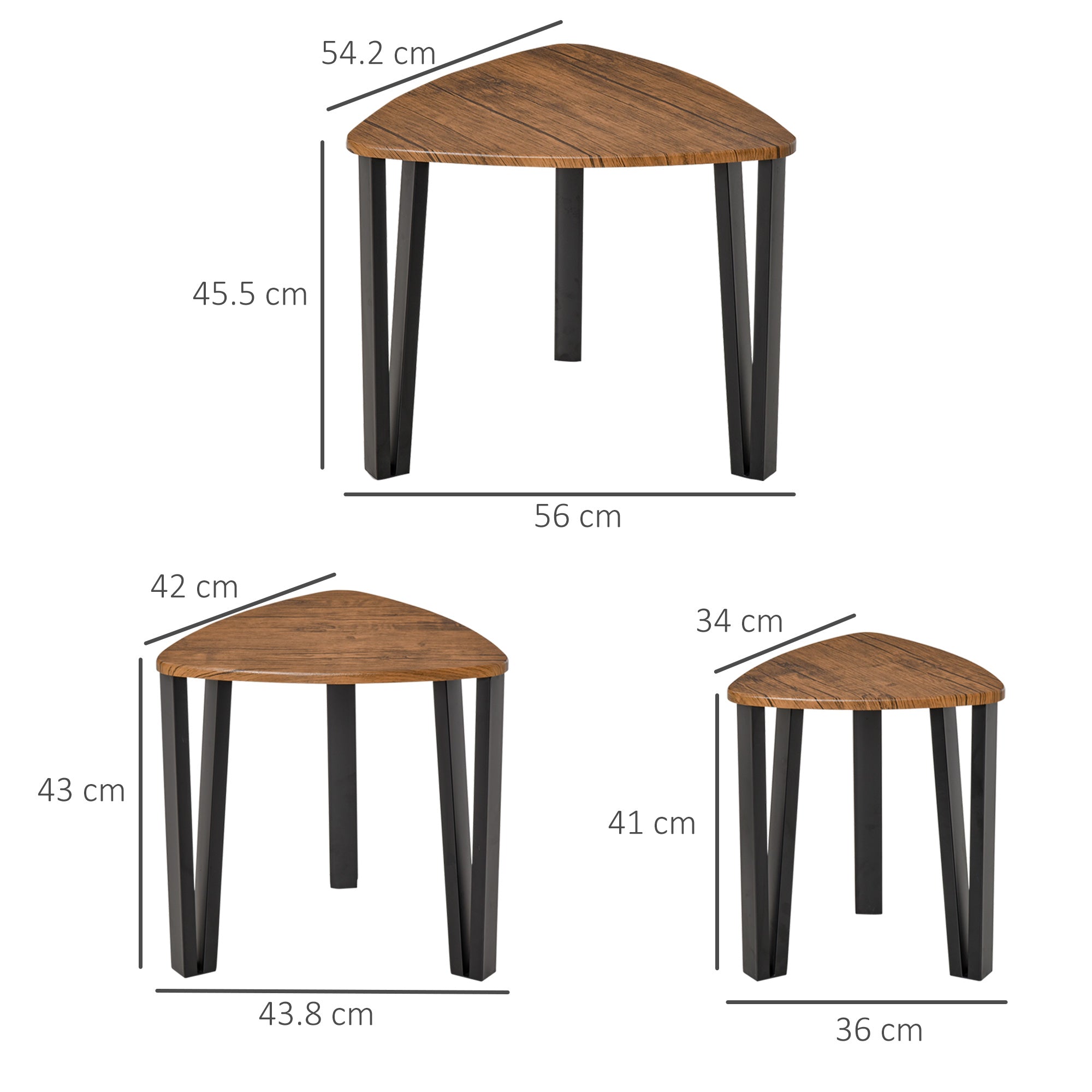 HOMCOM Nest of Tables, Coffee Table Set of 3, Triangle Nesting Tables with Metal Legs, Industrial End Side Table for Living Room, Walnut Wood Grain 