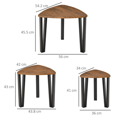 HOMCOM Nest of Tables, Coffee Table Set of 3, Triangle Nesting Tables with Metal Legs, Industrial End Side Table for Living Room, Walnut Wood Grain 