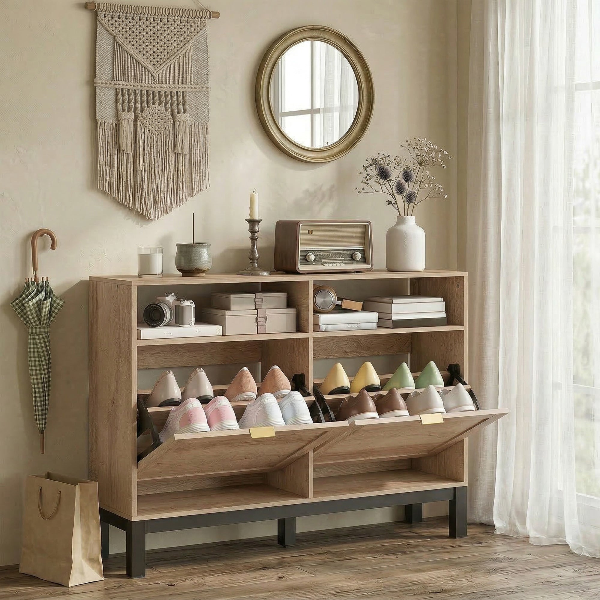 HOMCOM Shoe Cabinet with 2 Flip Drawers, Narrow Shoe Storage Top for Entryway Hallway, Walnut Brown 