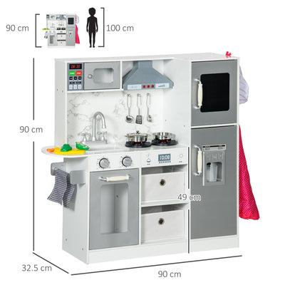 AIYAPLAY Toy Kitchen with Lights, Sounds, Apron and Chef Hat, Ice Maker, Microwave, for Ages 3-6 Years - White 
