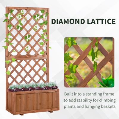 Outsunny 72.5 x 31.5 x 149.5 cm 45L Garden Wooden Pine Trough Planter with Topped Trellis Climbing Plants Flower Raised Bed, Orange 