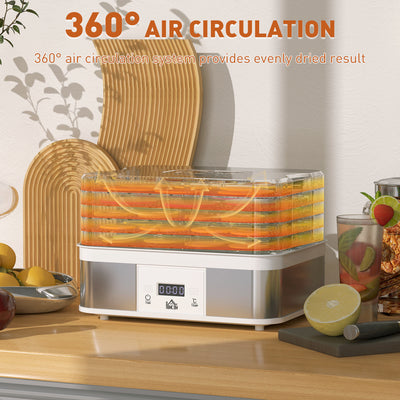 HOMCOM 5 Tier Food Dehydrator, 245W Stainless Steel Food Dryer Machine with Adjustable Temperature, Timer and LCD Display for Drying Fruit, Meat, Vegetable, Jerky and Pet Treat, White 