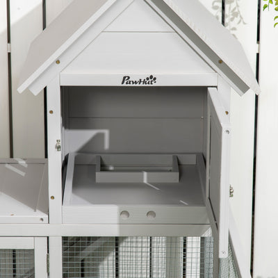 PawHut Indoor Rabbit Hutch, Guinea Pig Cage, with Slide-Out Tray, Large Fenced Area - Light Grey 