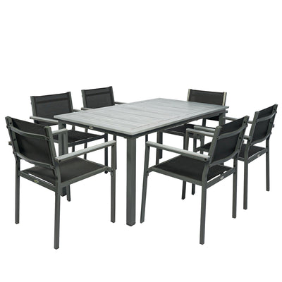 Outsunny Garden Dining Set with Acacia Wood Table Top, Outdoor Table and Stackable Chairs Set for 6 with Texteline Seat, Grey