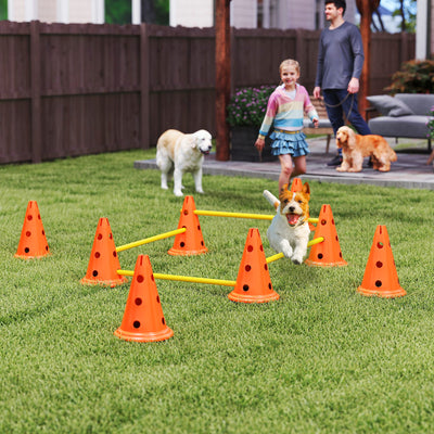 PawHut Dog Agility Equipment Set of Eight Cones, Eight Poles w/ Carry Bag, Four-Piece Adjustable Height Jumping Obstacles 