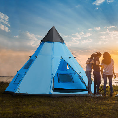 Outsunny 6 Men Tipi Tent, Camping Tent, Teepee Family Tent with Mesh Windows, Sewn-in Tent Floor, Two Doors and Carry Bag, Easy Set Up, for Hiking Picnics Outdoor Night, Blue 