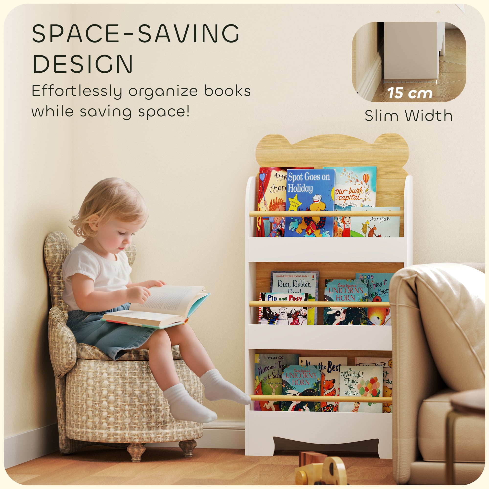 AIYAPLAY Kids Bookshelf, 3 Tier Children Bookcase, Bear Theme Toddler Space-Saving Bookcase for Living Room, White 