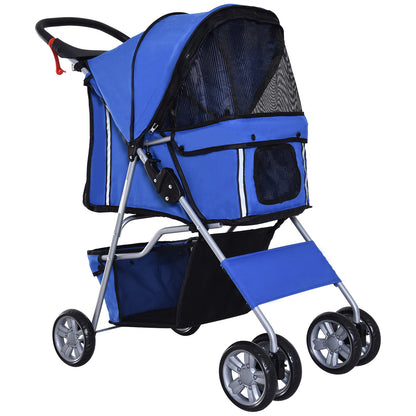 PawHut Pet Stroller for Small Miniature Dogs Cats Foldable Travel Carriage with Wheels Zipper Entry Cup Holder Storage Basket Blue 