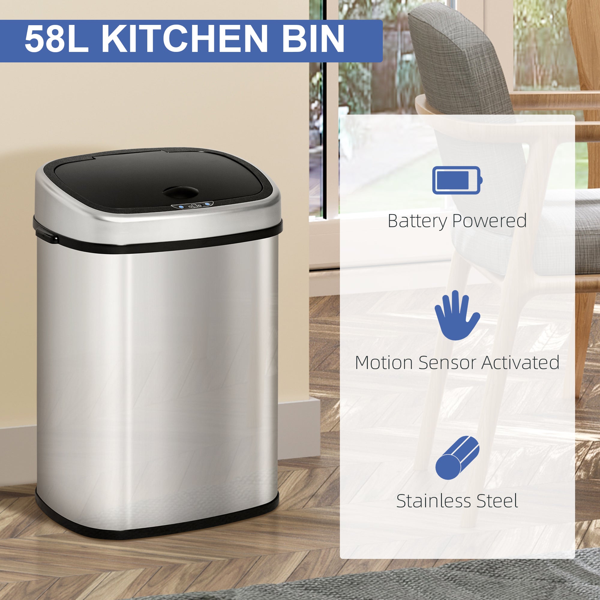 HOMCOM Stainless Steel Kitchen Sensor Dustbin Automatic Touchless Rubbish Garbage Waste Bin 58L Silver 