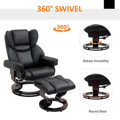 HOMCOM Faux Leather Recliner Chair and Footstool, Swivel Upholstered Armchair and Footstool with Adjustable Backrest, Solid Wood Base for Living Room, Black 