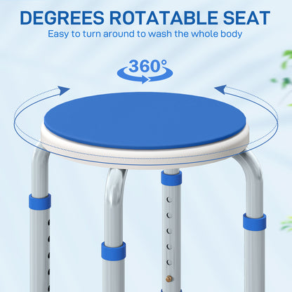 HOMCOM 360° Swivel Shower Chair, Height Adjustable Aluminium Shower Stool with Non-Slip Feet for Disabled, Elderly, Blue