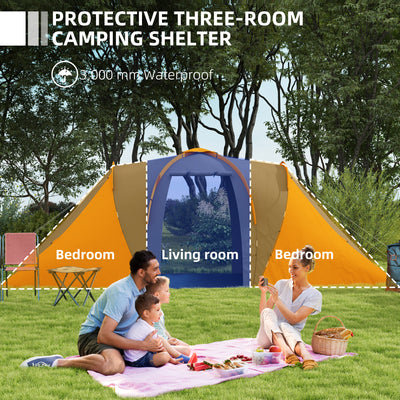 Outsunny Large Camping Tent Tunnel Tent with 2 Bedroom and Living Area, 2000mm Waterproof, Portable with Bag for 4-6 Man, Orange 