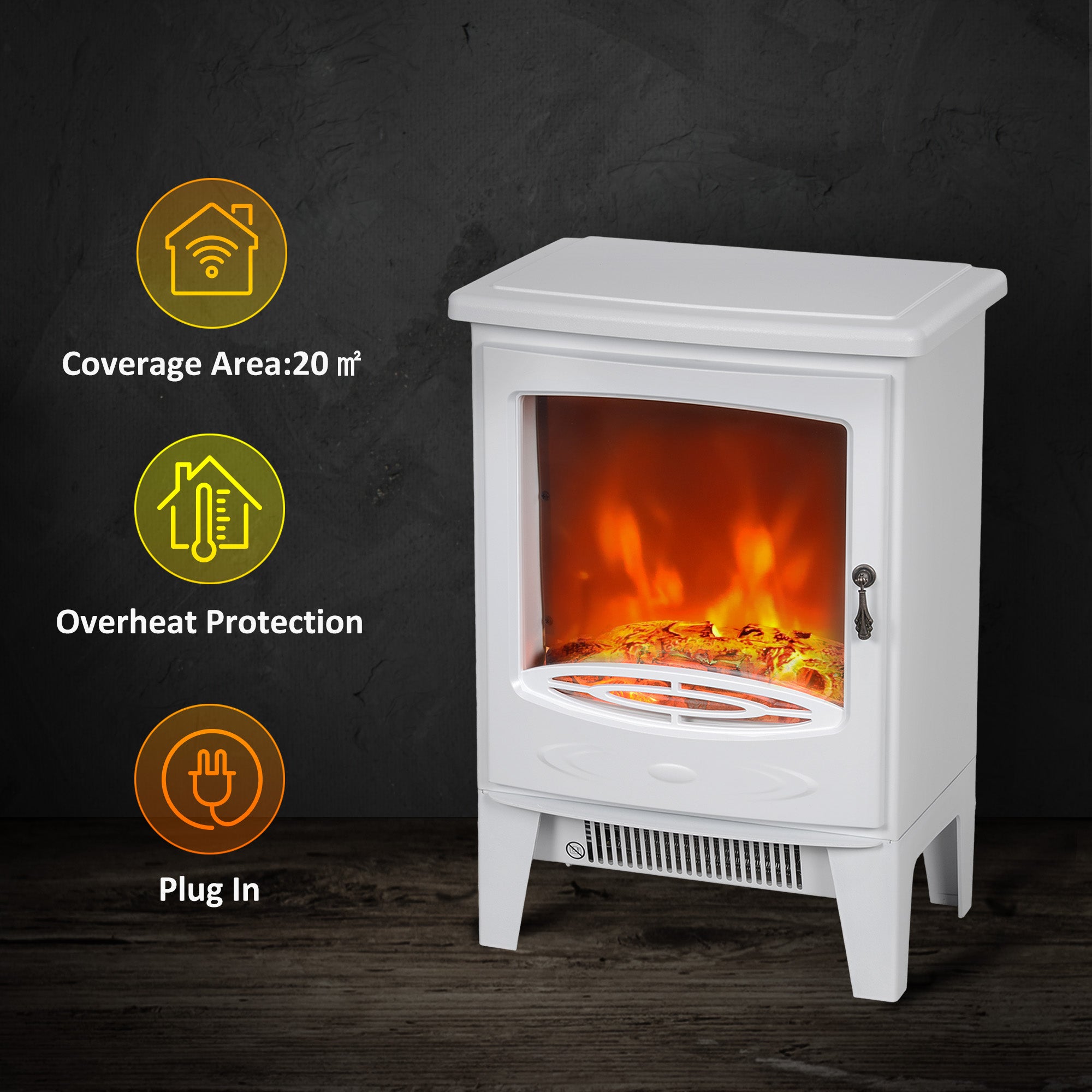 HOMCOM Tempered Glass Casing Electric Fireplace, Freestanding Electric Fire with Realistic Flame Effect, Log Burner with Overheat Protection, 950w/ 1850W, White 