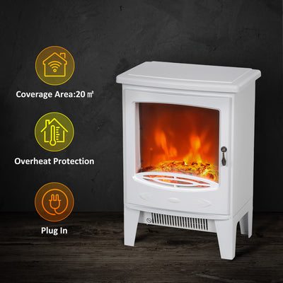 HOMCOM Tempered Glass Casing Electric Fireplace, Freestanding Electric Fire with Realistic Flame Effect, Log Burner with Overheat Protection, 950w/ 1850W, White 