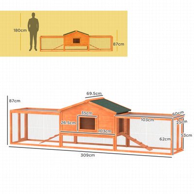 PawHut Wooden Rabbit Hutch with Run, Tray, Ramps, Asphalt Roof, 309 x 70 x 87cm, Orange 