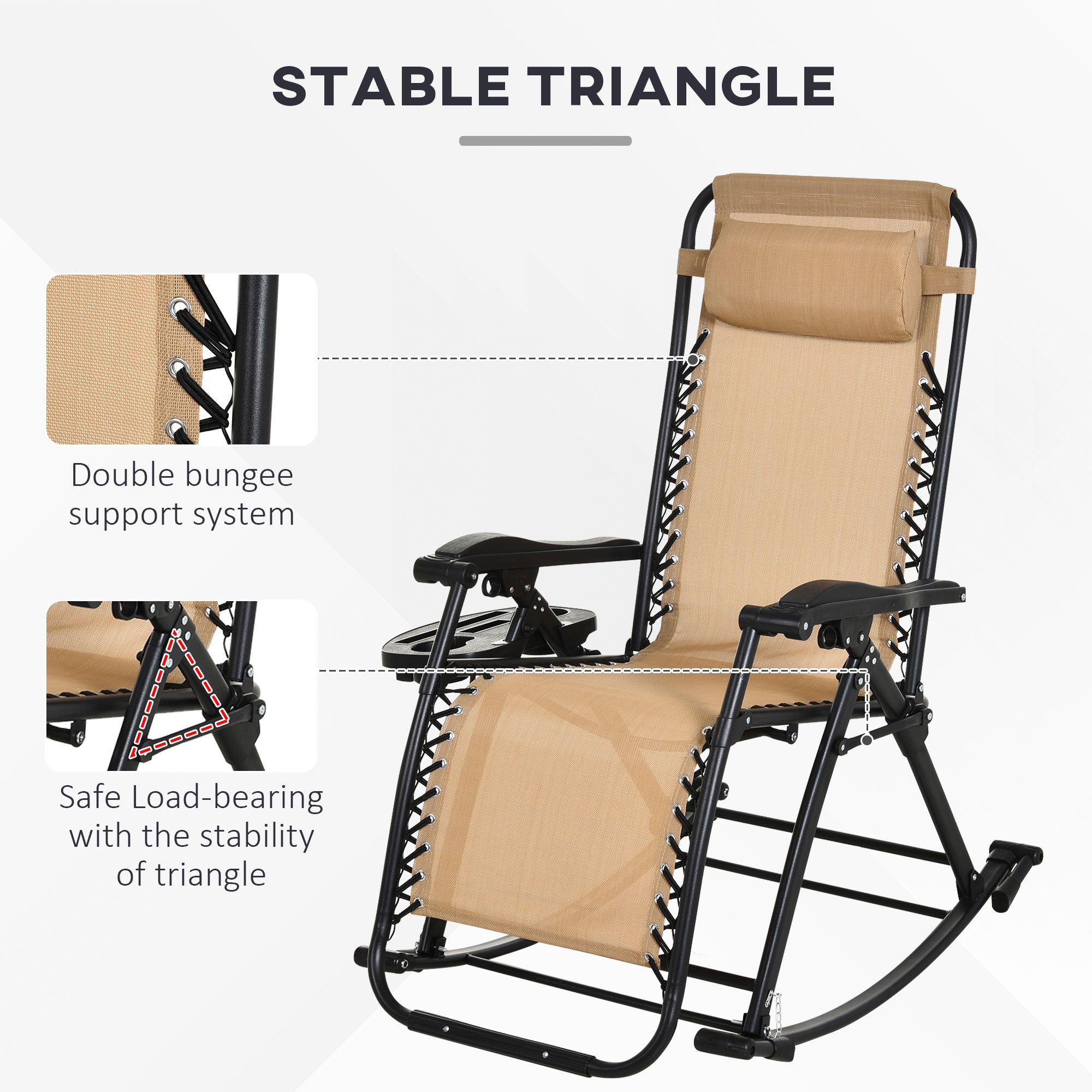 Outsunny Garden Rocking Chair Folding Recliner Outdoor Adjustable Sun Lounger Rocker Zero-Gravity Seat with Headrest Side Holder Patio Deck - Beige 