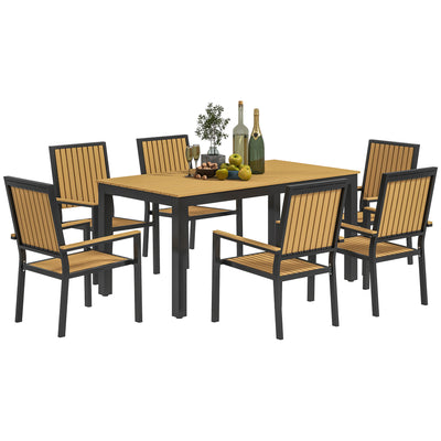 Outsunny 6 Seater Garden Dining Set with Stackable Chairs, Aluminium Frame, Rectangular Plastic Top, Garden Furniture Set, Outdoor Dining Table and Chairs for Patio, Balcony, Poolside, Nature Wood 