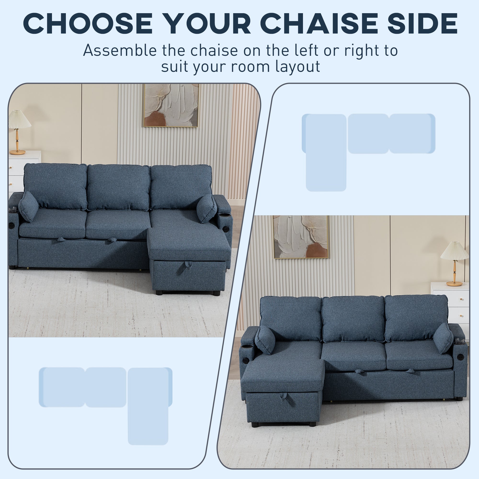 HOMCOM Corner Sofa Bed, L Shaped Sleeper Sectional Sofa with Reversible Storage Chaise, Blue 