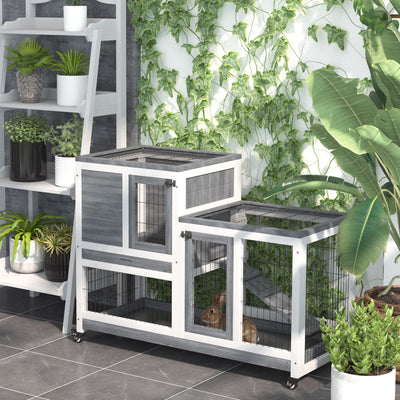 PawHut Wooden Indoor Rabbit Hutch Guinea Pig House Bunny Small Animal Cage W/ Wheels Enclosed Run 110 x 50 x 88 cm, Grey 