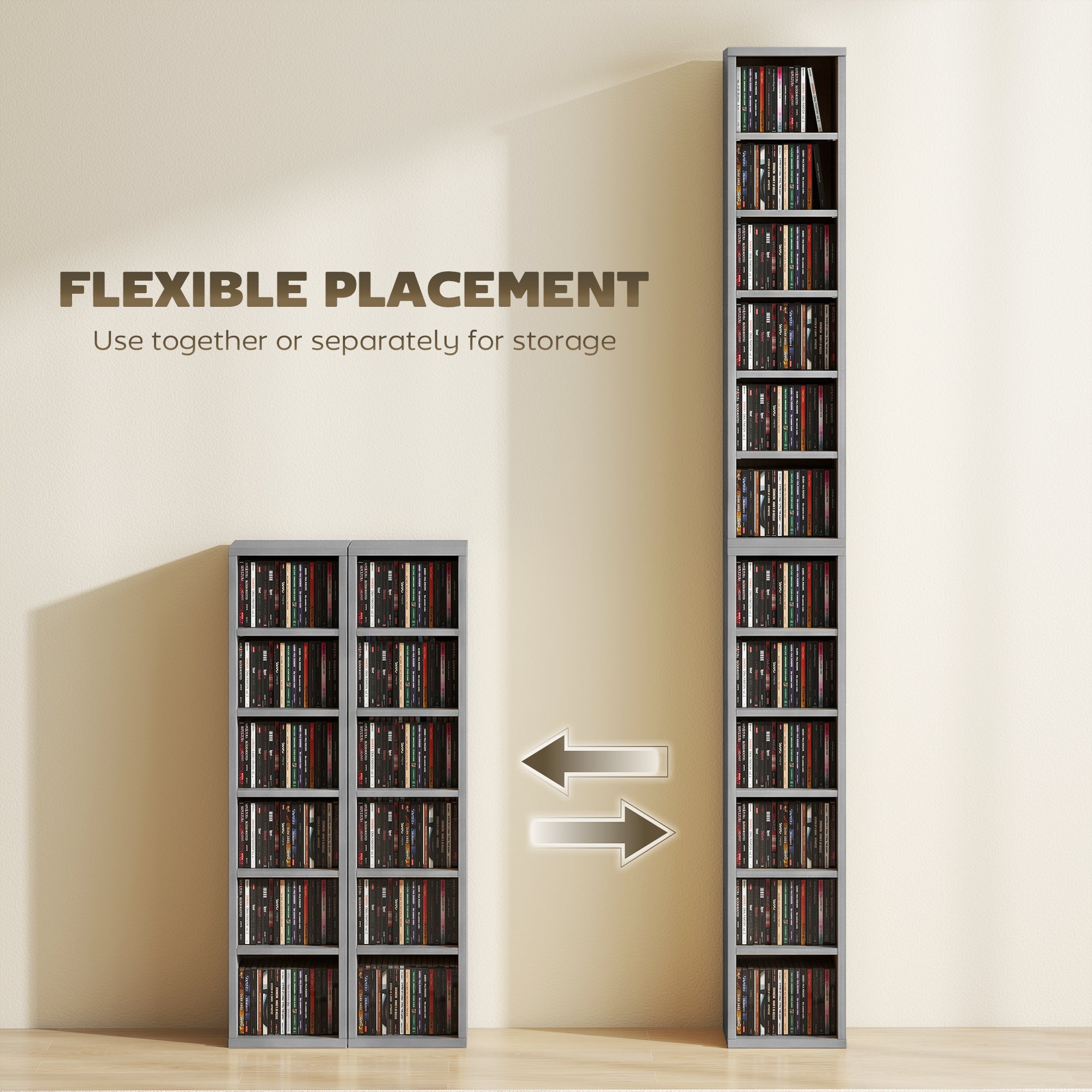 HOMCOM Set of 2 CD Media Display Shelf Unit Tower Rack with Adjustable Shelves, Light Grey 