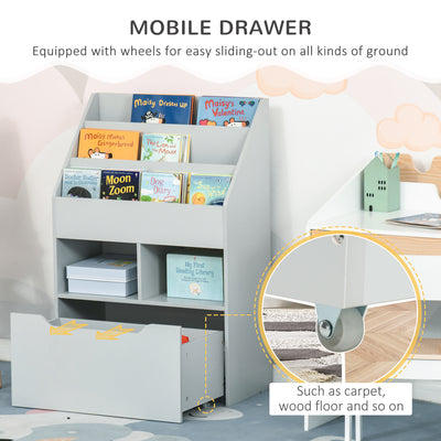 HOMCOM Kids Bookshelf, Toy Organiser, with Storage Drawer, Wheels - Grey 