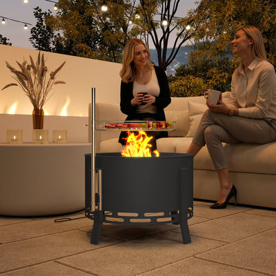 Outsunny Portable Fire Pit, 58 cm Round Firepit with Grill Grate, Fire Bowl with Ash Catcher and Poker, Fire Pit BBQ for Garden Camping Bonfire Picnic, Black 
