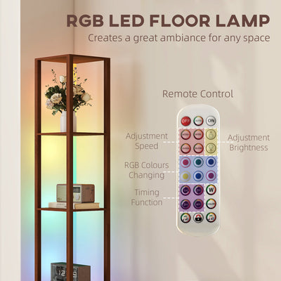 HOMCOM RGB LED Floor Lamp with Shelves, Modern Dimmable Standing Lamp with Remote Control, Adjustable Brightness & Speed for Living Room, Bedroom, Office, Brown 
