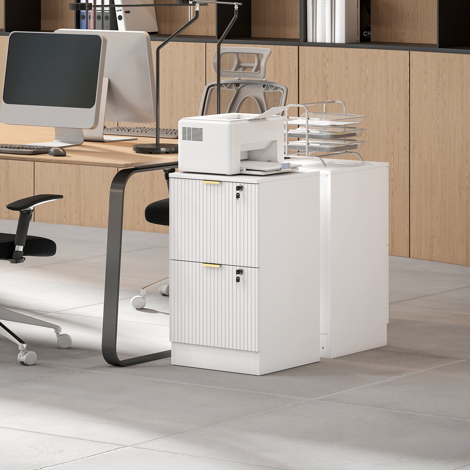 HOMCOM Filing Cabinet, Fluted Vertical File Cabinet with 2 Lockable Drawers and Hanging Rails, White 
