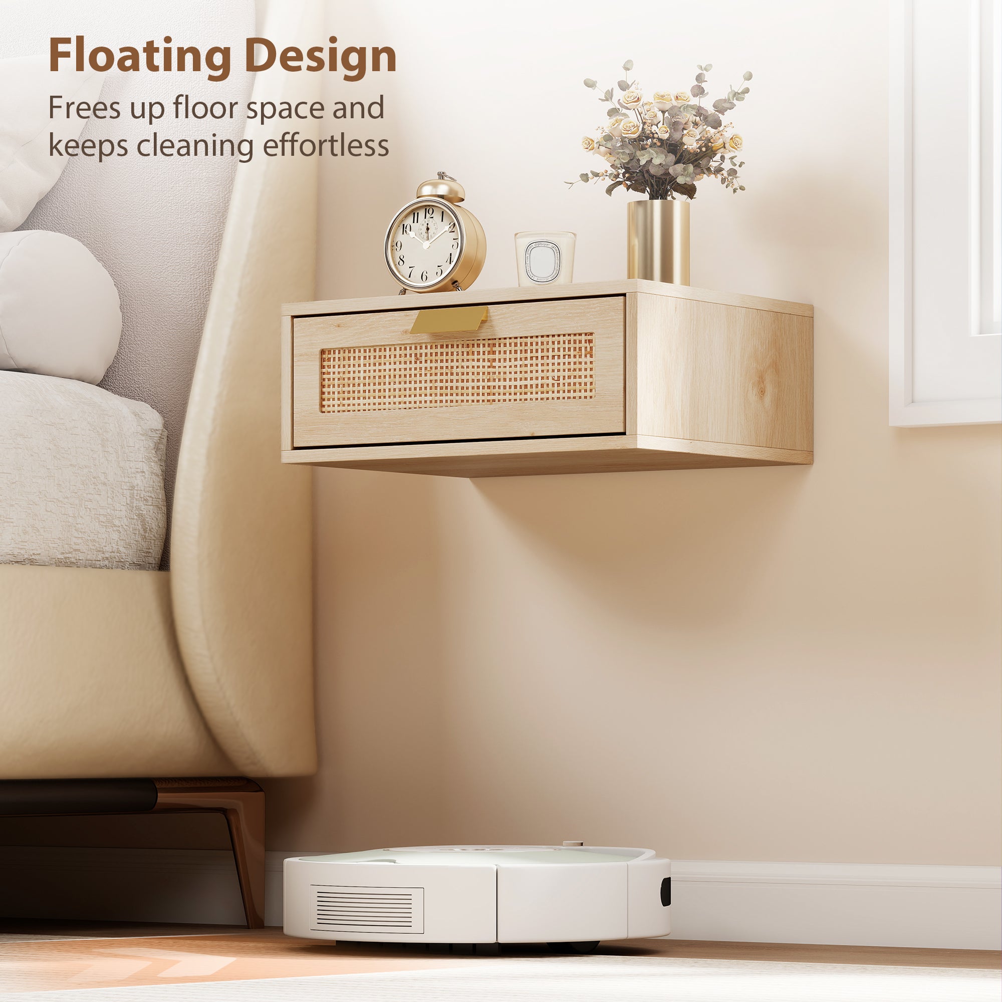 HOMCOM Floating Bedside Tables Set of 2, Wall Mounted Bedside Cabinets with Rattan Drawer and Wood Effect, Oak 