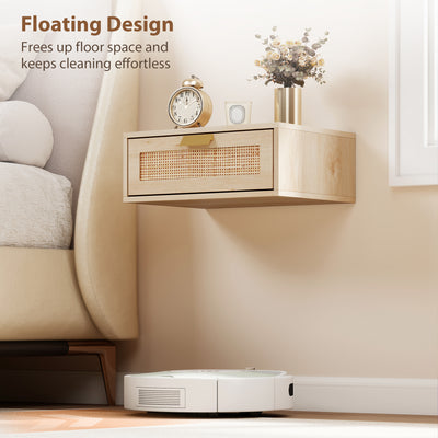 HOMCOM Floating Bedside Tables Set of 2, Wall Mounted Bedside Cabinets with Rattan Drawer and Wood Effect, Oak 