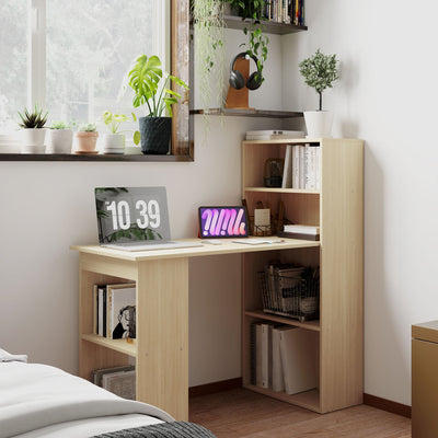 HOMCOM 120cm Modern Computer Desk Bookshelf Study Table Workstation PC Laptop Writing Home Office 6 Shelves, Natural Wood Finish 