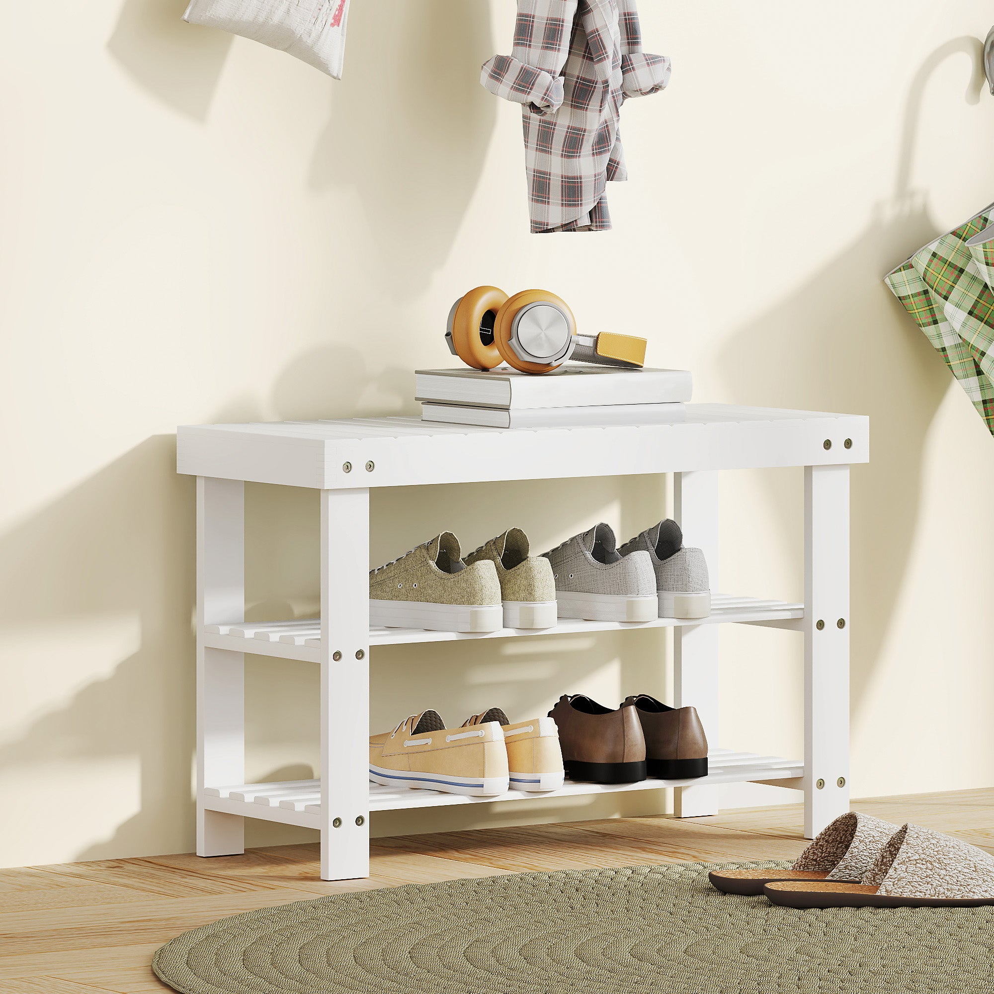 HOMCOM Two Shelf Bamboo Shoe Storage Bench - White 