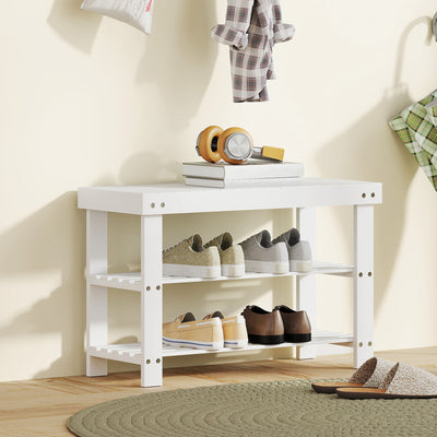 HOMCOM Two Shelf Bamboo Shoe Storage Bench - White 