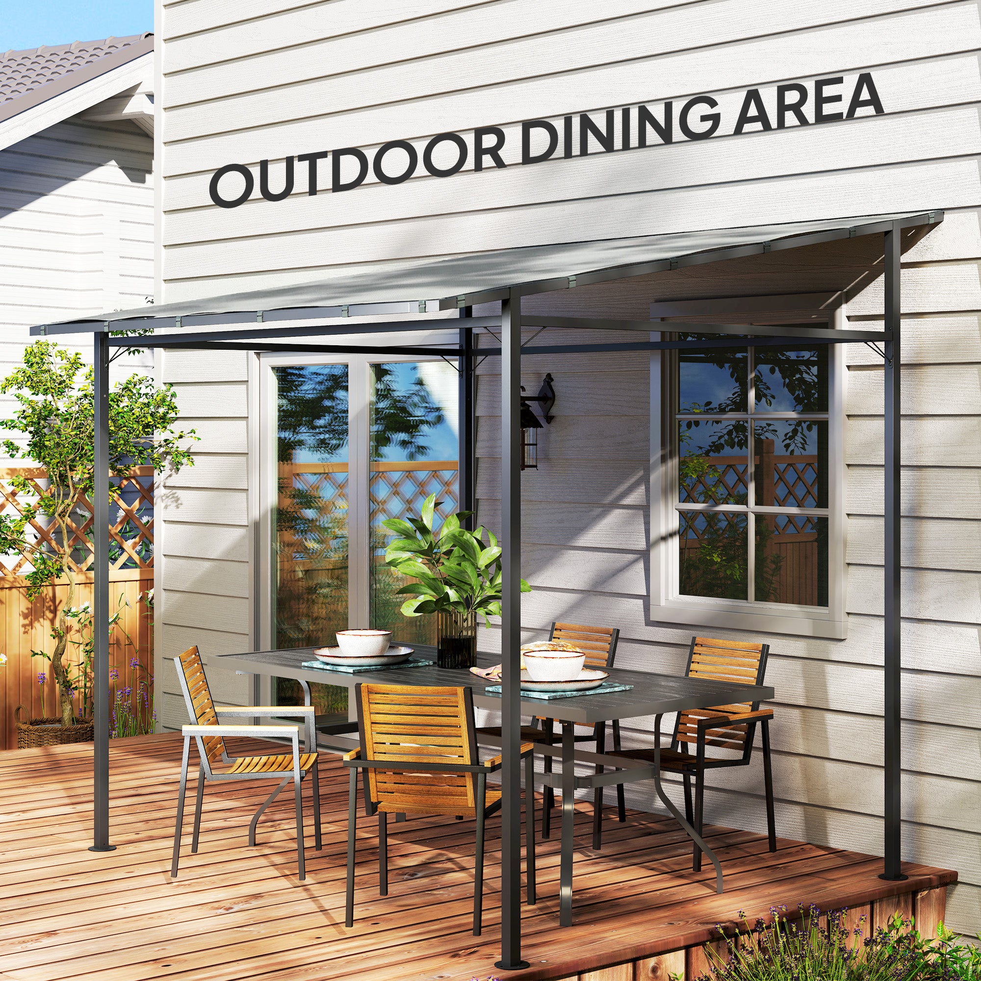 Outsunny 2.4 x 2.4 m Wall Mounted Pergola Gazebo with PA Coating Fabric, Metal Frame, UPF30+, Lean to Garden Gazebo, Light Grey 