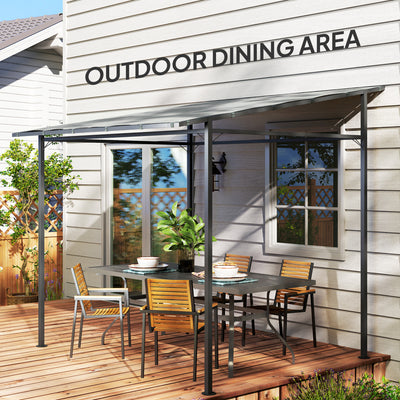 Outsunny 2.4 x 2.4 m Wall Mounted Pergola Gazebo with PA Coating Fabric, Metal Frame, UPF30+, Lean to Garden Gazebo, Light Grey 