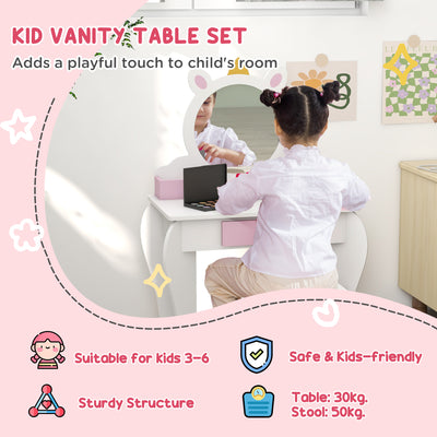 ZONEKIZ Unicorn-Design Kids Dressing Table, with Mirror and Stool - White 