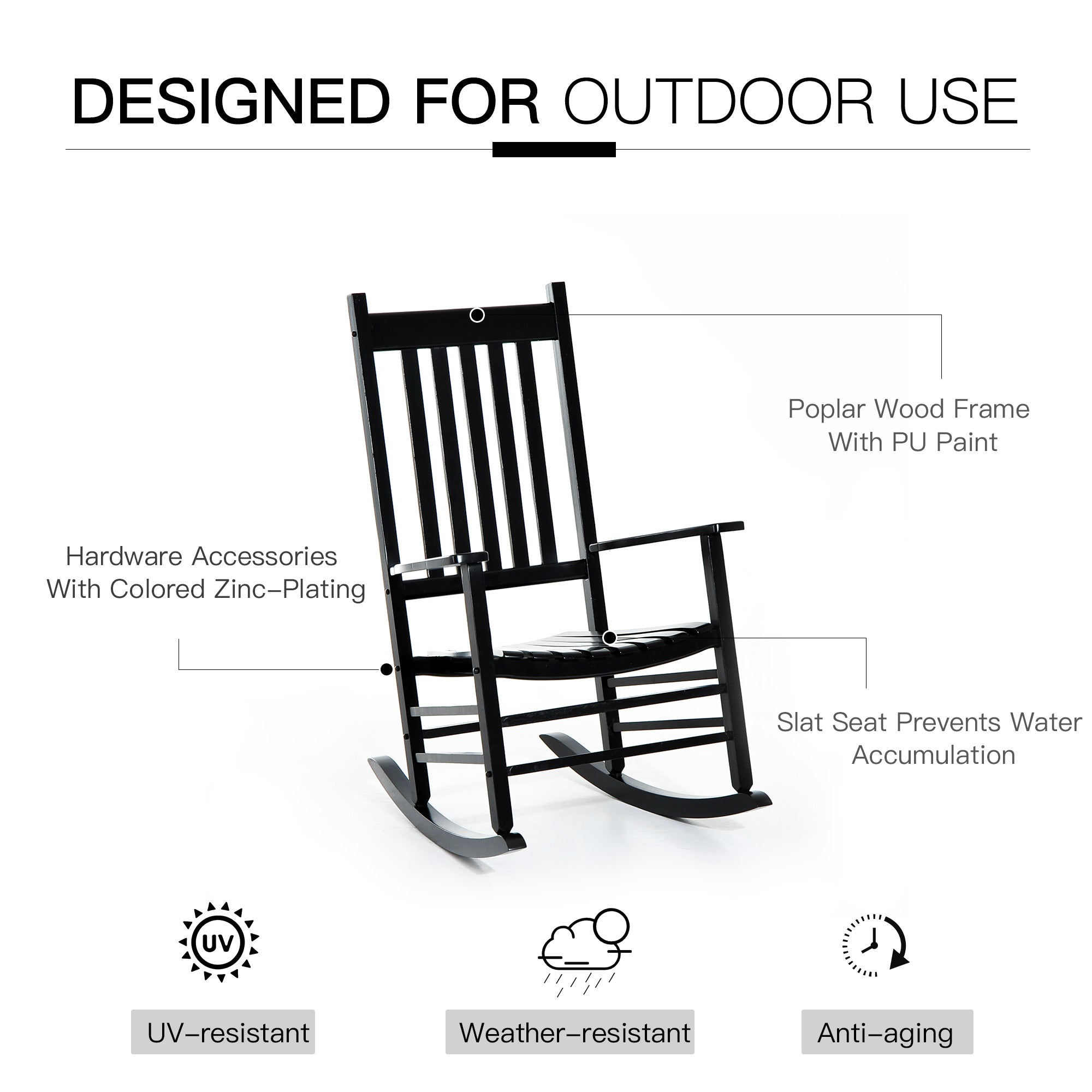 Outsunny Outdoor Porch Rocking Chair Armchair Wooden Patio Rocker Balcony Deck Garden Seat Black 